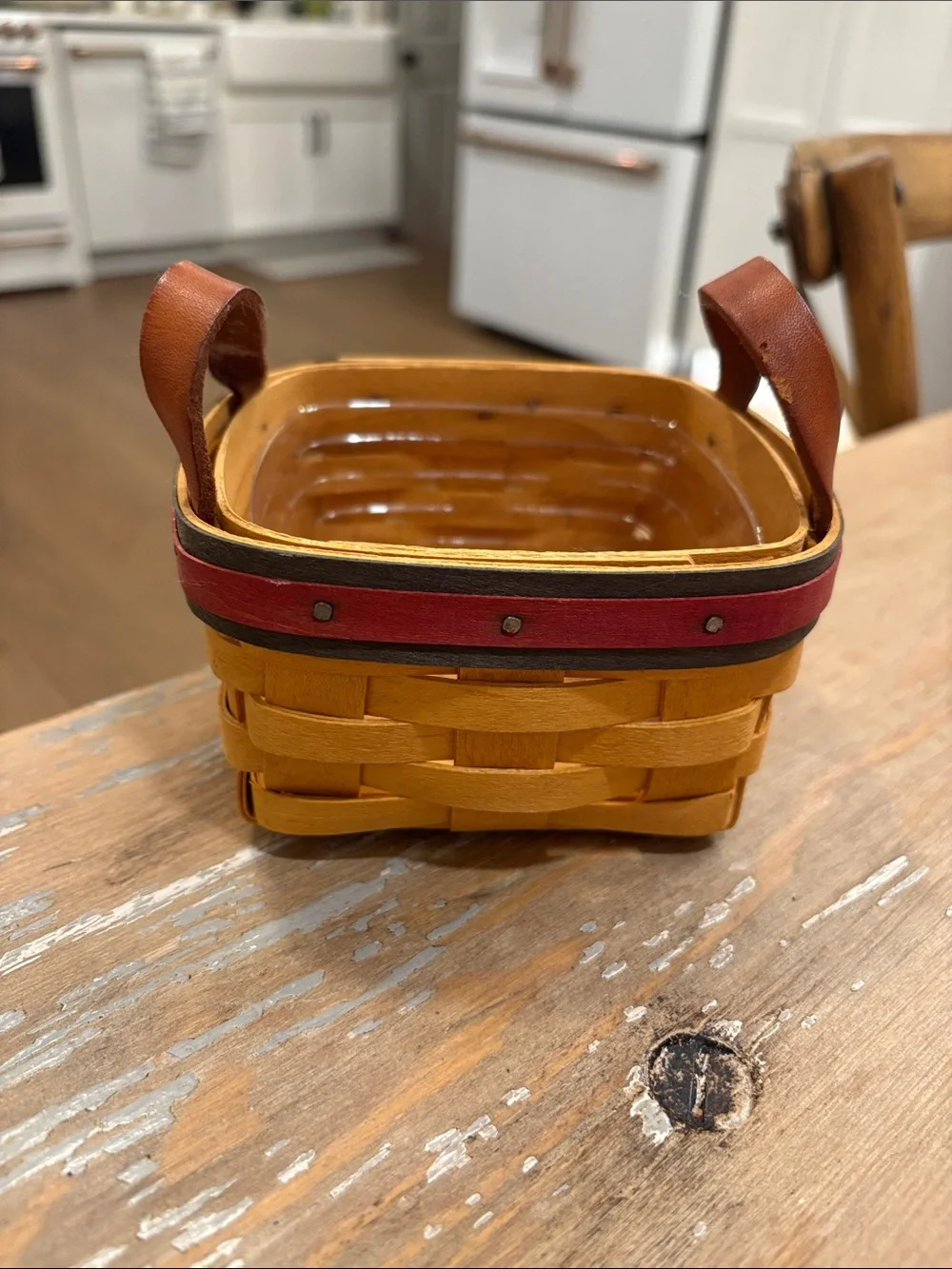 Longerberger Handwoven Square Storage Basket with Leather Handles - Brown
